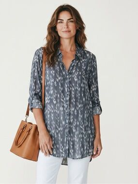 ZOZO Blue Abstract Print Button Down Tunic Mini Dress Hi Lo Longline Shirt Small
